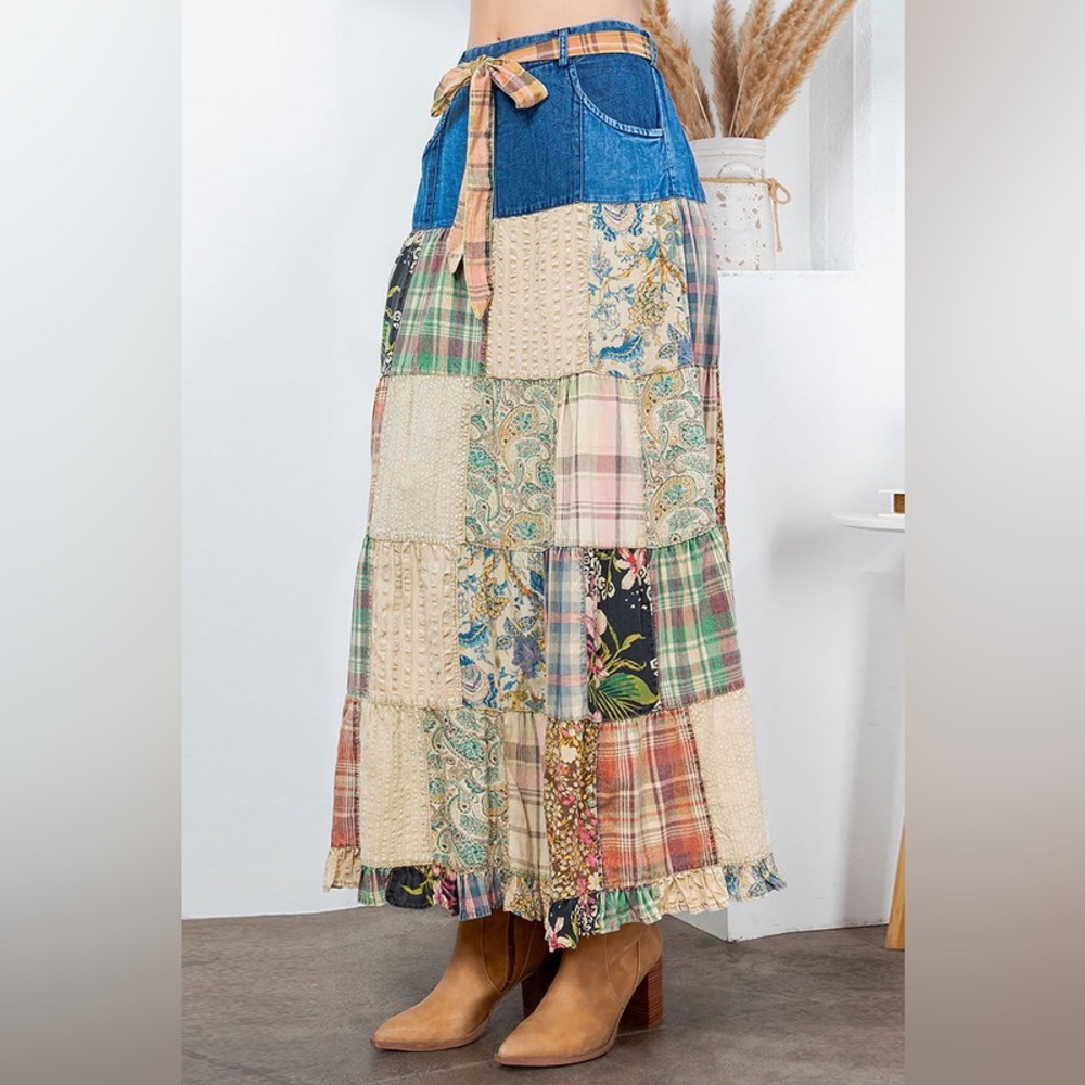 Boho Patchwork Maxi Skirt - Beige Multicolor - Picture 4 of 5